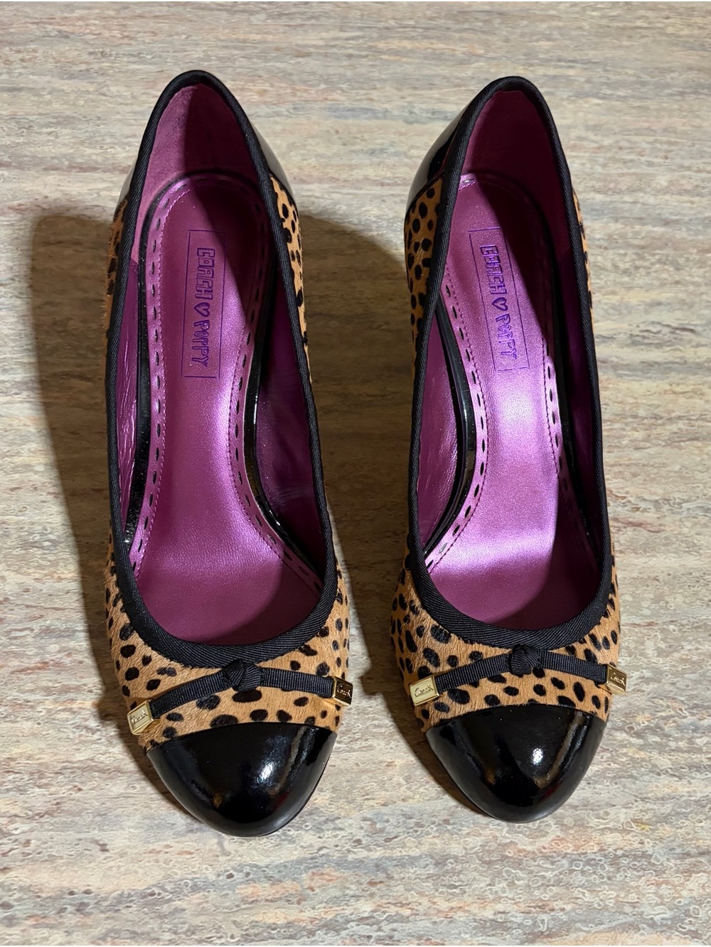 Coach Poppy Valencia Leopard Calf Pump with Black Patent Cap Toe and Bow